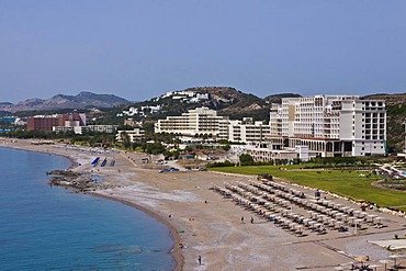 Hotel complexes, beach, Faliraki, Kalithea, Rhodes Island, Greece, Europe