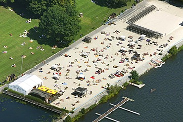 Aerial view, Ruhr River, sandy beach, SeasideBeach Baldeneysee, open-air bath, Essen, Ruhr area, North Rhine-Westphalia, Germany, Europe