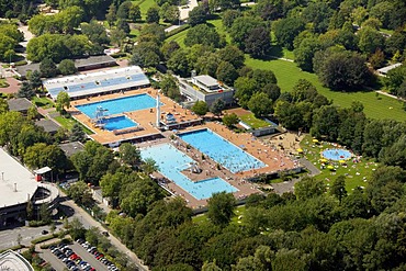 Aerial view, outdoor swimming pool, town pool, Grugabad Essen, Ruhr area, North Rhine-Westphalia, Germany, Europe