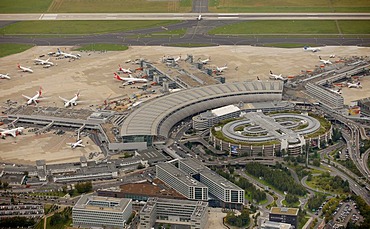 Aerial view, Airberlin passenger aircraft, Duesseldorf Airport, Rhineland, North Rhine-Westphalia, Germany, Europe