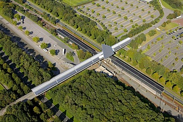 Aerial view, solar sails, tram station with solar panels on the roofs, Veltins Arena, Gelsenkirchen, Ruhr Area, North Rhine-Westphalia, Germany, Europe