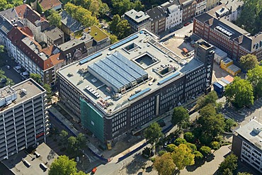 Aerial view, Hans-Sachs-House, building, solar panels at a building site, Gelsenkirchen, Ruhr Area, North Rhine-Westphalia, Germany, Europe