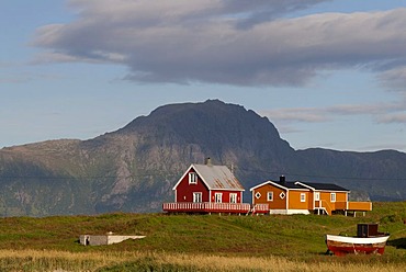 Clouds above colorful houses near Eggum, Nordland, Norway, Europe