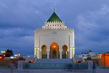 The floodlit mausoleum of King Mohammed V at the blue hour, Rabat, Morocco, Africa