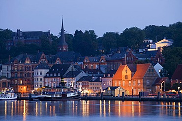 Townscape with harbour, blue hour, Flensburg, Flensburg Fjord, Schleswig-Holstein, Germany, Europe, PublicGround