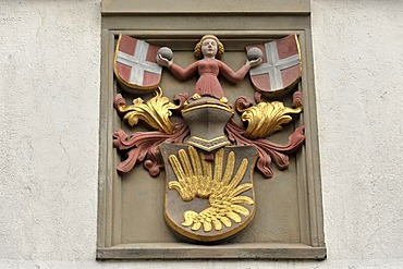 Coat of arms on a crime museum, historic Rothenburg ob der Tauber, Bavaria, Germany, Europe