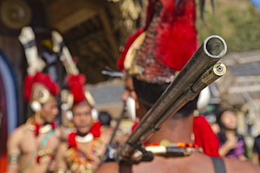 Phom warriors in full gear at the annual Hornbill Festival, Kohima, Nagaland, India, Asia