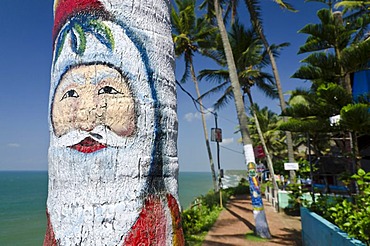 Santa Claus painted on a palmtree at Christmas time in Varkala, Kerala, India, Asia