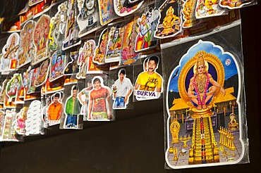 Stickers of the old and the new gods of India, for sale in Varkala, Kerala, India, Asia