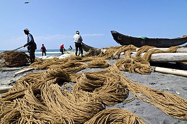 Fishermen fishing the traditional way, in a small village at the coast around Varkala, Kerala, India, Asia