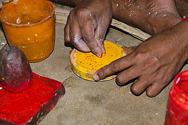 The colour yellow for the make-up of the Kathakali dancers is made from Maneola, Varkala, Kerala, India, Asia