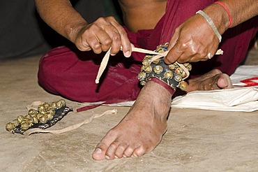 The make-up of the Kathakali character Nakrathundi is being applied, Varkala, Kerala, India, Asia