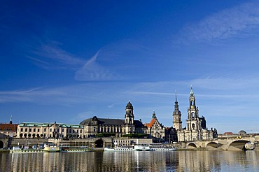 Hofkirche church and the Dresden Castle, as seen across the river Elbe from Carolabruecke bridge, Dresden, Saxony, Germany, Europe