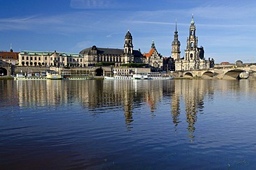 Hofkirche church and the Dresden Castle, as seen across the river Elbe from Carolabruecke bridge, Dresden, Saxony, Germany, Europe