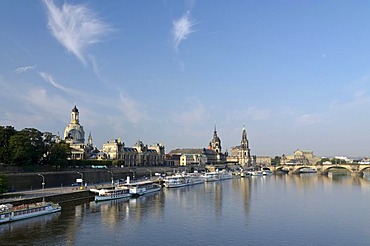 Bruehl's Terrace, Frauenkirche church, Hofkirche church and Dresden Castle seen across the river Elbe from Carolabruecke bridge, Dresden, Saxony, Germany, Europe