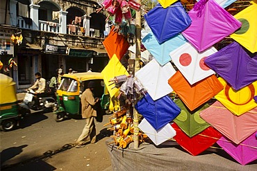 Temporary kite shops for the annual kite festival in Ahmedabad, Gujarat, India, Asia