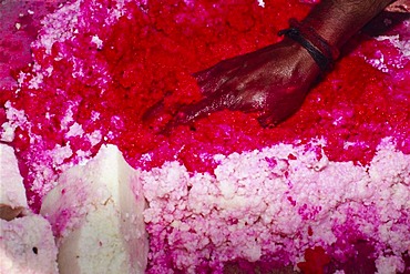 Preparing the kite threads with color and glass powder to cut the other kites off the sky, preparations for the annual kite festival in Ahmedabad, Gujarat, India, Asia