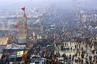 Millions gather at the festival ground of the Maha Khumba Mela at the confluence of the Rivers Ganges, Yamuna and Saraswati in Allahabad, Uttar Pradesh, India, Asia