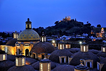 Roof of the Convento de San Gabriel monastery at night in front of the church of Iglesia Nuestra Senora de los Remedios on the ruins of the pre-Hispanic Pyramid of Cholula, San Pedro Cholula, Puebla, Mexico, Latin America, North America