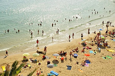 Bathers on Playa Poniente beach, mass tourism, Benidorm, Costa Blanca, Spain, Europe