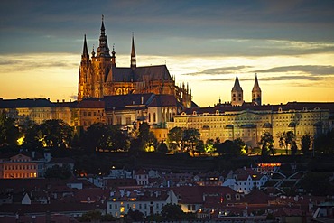 View from the Old Town Hall towards Hrad&any, the Castle District, with Prague Castle and St. Vitus Cathedral, Prague, Bohemia, Czech Republic, Europe