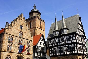 Medieval architectural ensemble on the marketplace of Alsfeld, from left to right, Wine House, Walpurgis Church tower, the oldest half-timbered house of the city, Markt 2, and the historic Town Hall, Alsfeld, Hesse, Germany, Europe