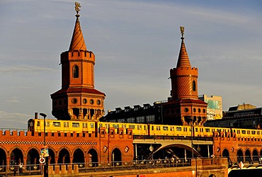 Metro, U-Bahn, U1 on Oberbaumbruecke bridge across the Spree river at dusk, Friedrichshain-Kreuzberg quarters, Berlin, Germany, Europe, PublicGround