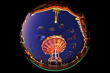 Night scene, fisheye shot, Chair-O-Planes or swing carousel, Cannstatter Volksfest, Wasen, Stuttgart Beer Festival, Bad Cannstatt, Stuttgart, Baden-Wuerttemberg, Germany, Europe, PublicGround