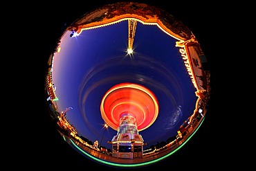 Night scene, fisheye shot, Chair-O-Planes or swing carousel, Cannstatter Volksfest, Wasen, Stuttgart Beer Festival, Bad Cannstatt, Stuttgart, Baden-Wuerttemberg, Germany, Europe, PublicGround