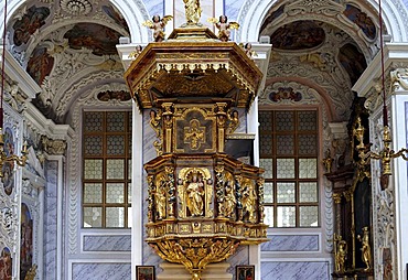 Side pulpit in the nave, monastery church of Goettweig Abbey, Goettweiger Berg mountain, Furth, UNESCO World Heritage Site Wachau Cultural Landscape, Lower Austria, Austria, Europe