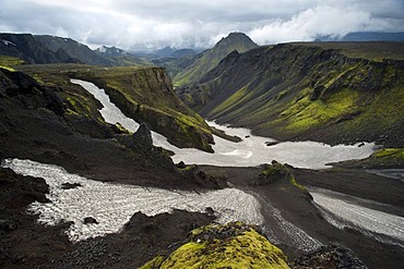 Crud on the Morrinsheii, a high plateau on the Fimmvoeruhals hiking trail, ï¬orsmoerk, Iceland, Europe