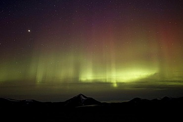 Green and rare red polar lights, aurora borealis, Spitsbergen, Svalbard, Norway, Scandinavia, Europe