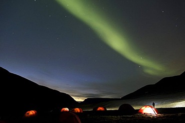 Green nothern lights, aurora borealis, above a tent camp in Bjorndalen, Spitsbergen, Svalbard, Norway, Scandinavia, Europe