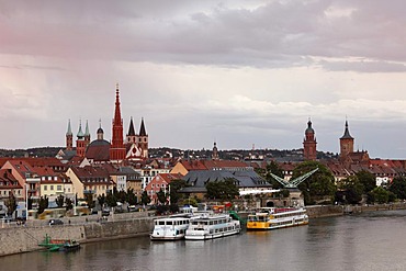 Historic town centre with New Minster, Wuerzburg Cathedral, Town Hall, Alter Kranen, a historical harbour crane, Main River, view from Friedensbruecke Bridge, Wuerzburg, Lower Franconia, Franconia, Bavaria, Germany, Europe, PublicGround