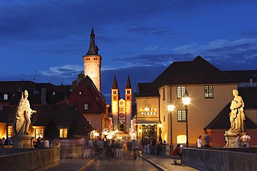 View from the Old Main Bridge, Domstrasse with Grafeneckart Tower and Wuerzburg Cathedral, Wurzburg, Lower Franconia, Franconia, Bavaria, Germany, Europe