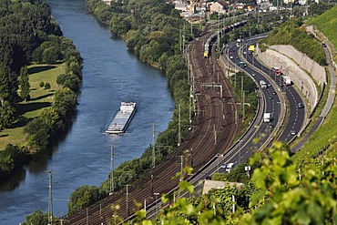 View from Steinberg hill, cargo ship on the Main River, railway lines, four-lane B27 highway, Wuerzburg, Lower Franconia, Franconia, Bavaria, Germany, Europe, PublicGround