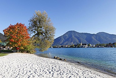 Rottach-Egern with Mt Wallberg, beach on the "Point" peninsula in Tegernsee, Tegernsee Lake, Upper Bavaria, Bavaria, Germany, Europe