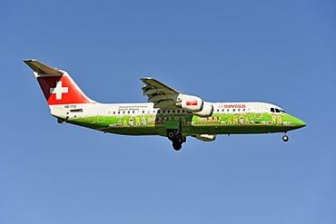 Swiss BAE Systems Avro 146-RJ100 with special livery, Shopping Paradise Zurich Airport, during the landing approach to Zurich Airport, Zurich, Switzerland, Europe