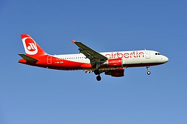 Air Berlin, also known as Belair, Airbus A320 214 during the landing approach to Zurich Airport, Zurich, Switzerland, Europe