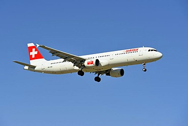 Swiss Airbus A321 111 during the landing approach to Zurich Airport, Zurich, Switzerland, Europe