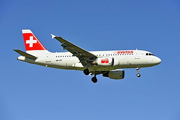 Swiss Airbus A319 112 during the landing approach to Zurich Airport, Zurich, Switzerland, Europe