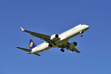 Lufthansa Embraer ERJ-190-200LR 195LR during the landing approach to Zurich Airport, Zurich, Switzerland, Europe