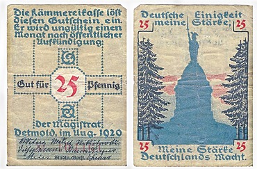 Coupon, front and back, value of 25 pfennig, from the Kaemmereikasse, Detmold, Germany, circa 1920