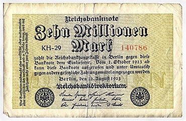 Old banknote, front, Reichsbanknote, 10, 000, 000 mark, Reichsbankhauptkasse, Reichsbankdirektorium, circa 1923