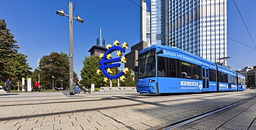 European Central Bank, ECB, euro sign, tram, Frankfurt am Main, Hesse, Germany, Europe, PublicGround