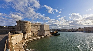 View towards the harbour fortress of Trani, Apulia, Southern Italy, Italy, Europe