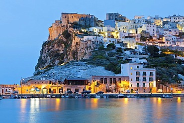 View of Peschici at night, province of Foggia, Apulia, Puglia, Gargano, Adria, Italy, Europe