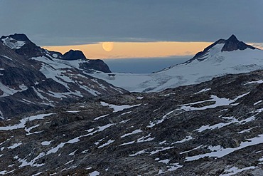 Moonrise over Mittivakkat Glacier, Ammassalik peninsula, East Greenland, Greenland