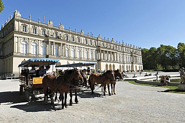 Horse carriage in front of Schloss Herrenchiemsee Palace, Herreninsel island, Chiemgau, Upper Bavaria, Germany, Europe