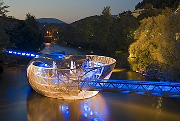 Futuristic Murinsel, artificial island in River Mur, designed by architect Vito Acconci, Graz, Styria, Austria, Europe